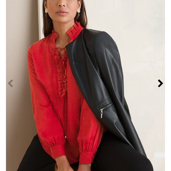 Chicos Size 2 Large Sandwashed Satin Ruffle Blouse Orange Red Lace Up Blouse Top - Picture 11 of 13